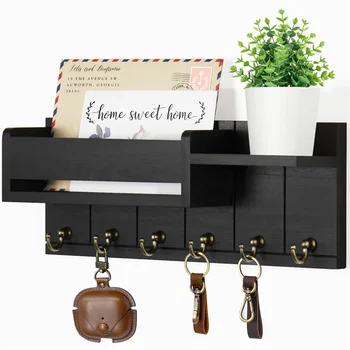 DecorativeRustic Wall-Mounted Key Rack & Mail Organizer with Shelf Key Rack and Mail Organizer with 6 Key Hooks Rustic Wood Key Holder Wall Mounted with Shelf for Living Room Enterway 1