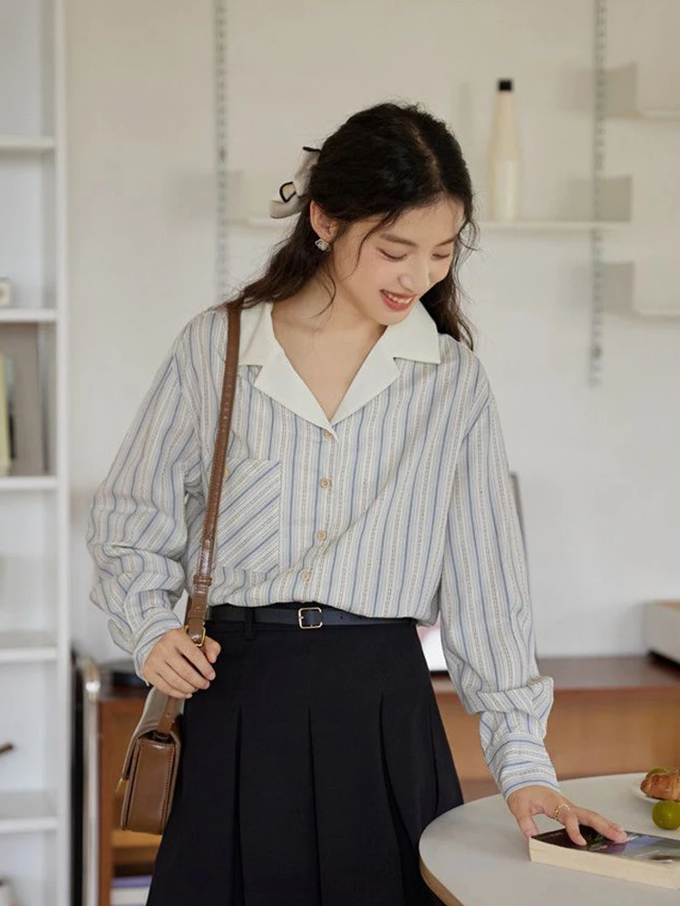 Japanese Striped Fall Shirt Vintage Pure Cotton Women Simple Casual Blouse Office Lady Loose Notched Collar Long Sleeve Tops
