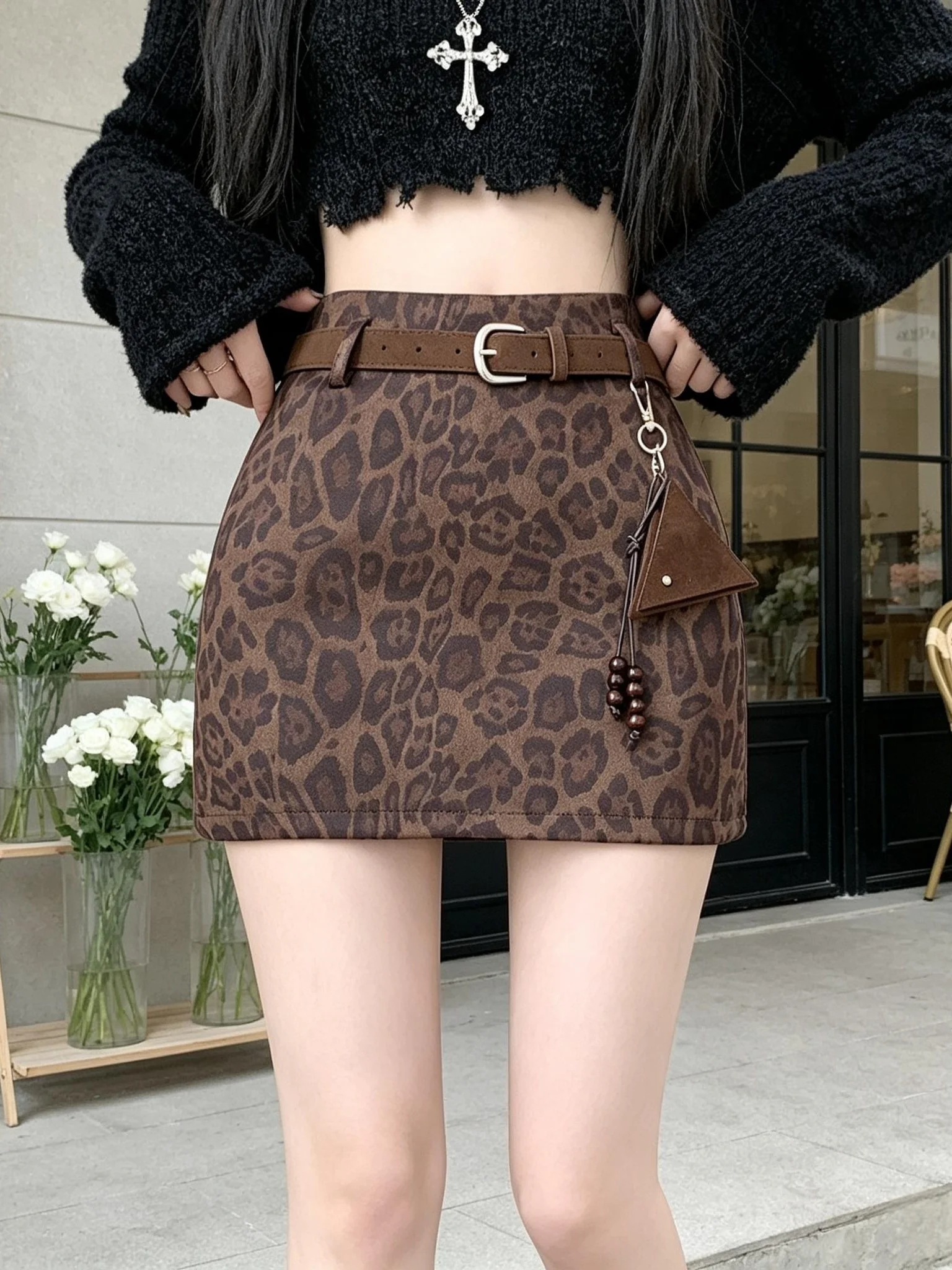 American Style Leopard Print  Skirt Women's High Waist Elastic Bodycon Skirt Anti-Light A-Line Half-length Skirt
