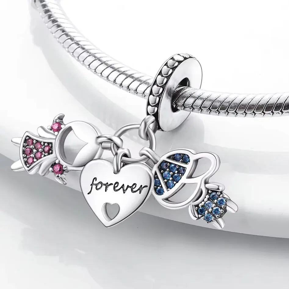 Silver Plated Boy Girl Couple Lovers Beads Charms Zirconium Dangle Fit Original Bracelet Necklace Jewelry Women