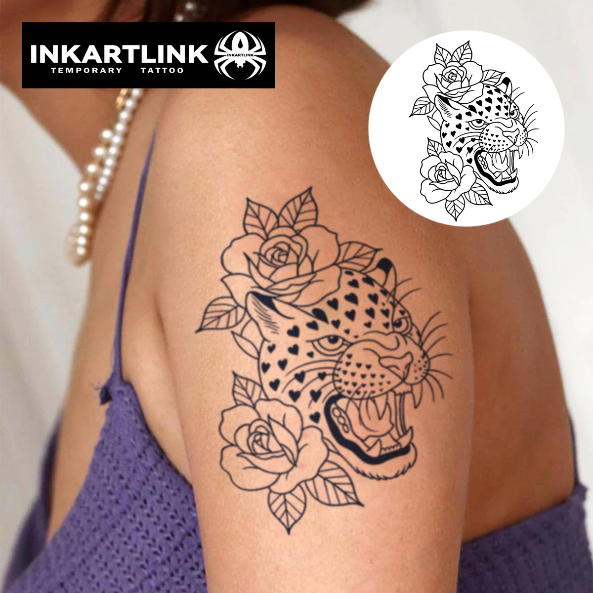 INKARTLINK Leopard Flower Tattoo Patch Waterproof Continuous Color Rendering 1-2 Weeks Essential for Trendy People