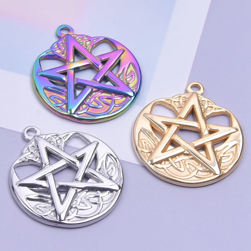 10PCS Round Charm Pentagram Star Stainless Steel Rainbow Punk Necklace Charms for Jewelry Making Pendant Accessory DIY Materials