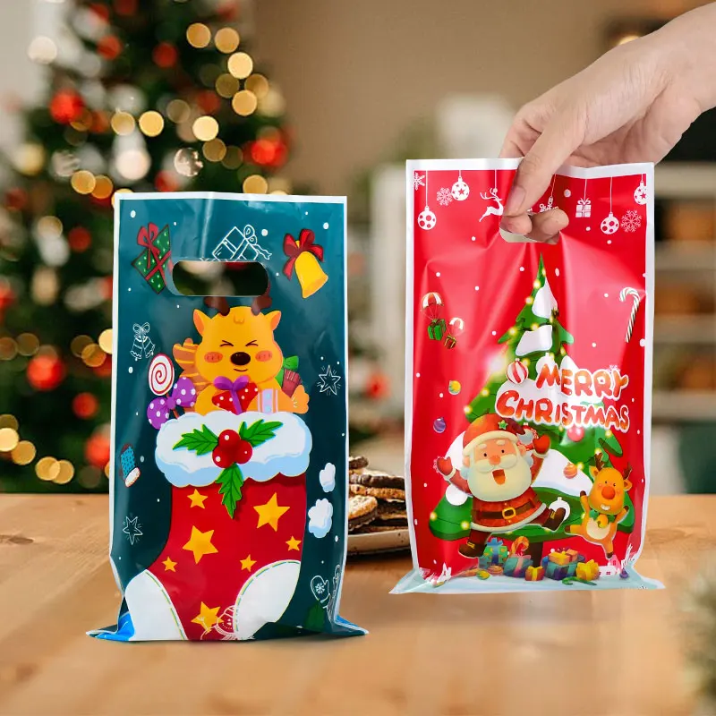 10szt Wesołych Świąt Candy Gift Bags Santa Elk Cookies Biscuit Packaging Handle Bag Christmas Decoration For Home Xmas New Year