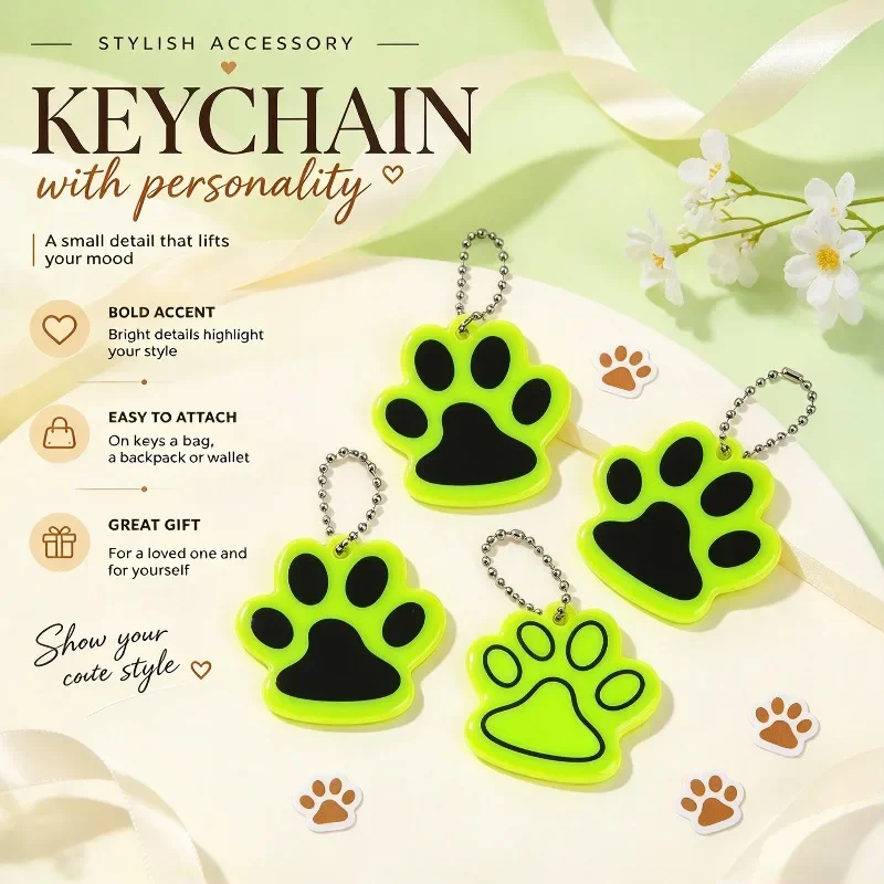 5~20pcs Cute Cat Paw Reflective Keychain Night Safety Double-sided Fluorescent Backpack Charm Pendant Accessories