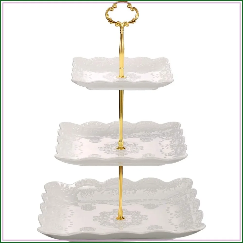 3 Tier Porcelain Cupcake Stand, Square White Embossed Dessert Stand, Tiered Serving Cake Stand for Weddings Parties