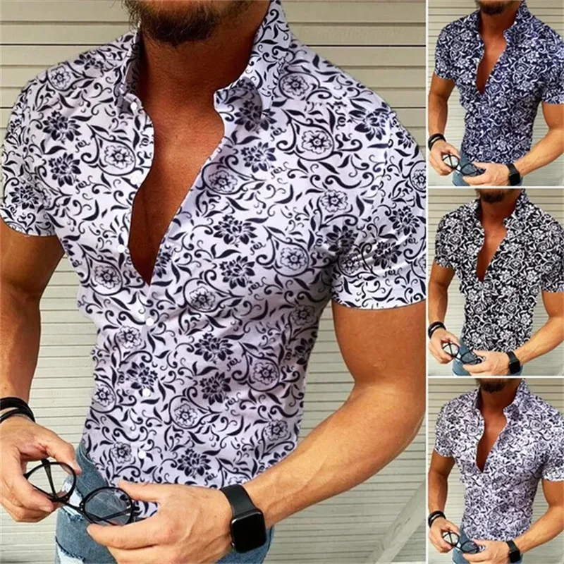 Camisa floral havaiana masculina, de manga curta, botão fino, lapela, blusa casual de verão, tamanho grande, S-5XL, elegante, nova