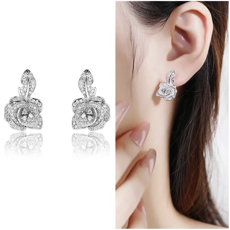 Light Luxury and High-end Feeling, Small Xiangfeng Mountain Camellia Earrings, Instagram Women's Exquisite Temperament Rose