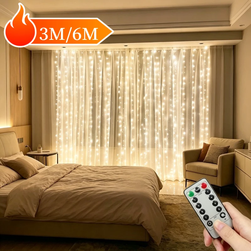 3M/6M USB LED Curtain 8Modes Remote Control String Lights Holiday Wedding Fairy Garland Lights For Bedroom Living Room Decor