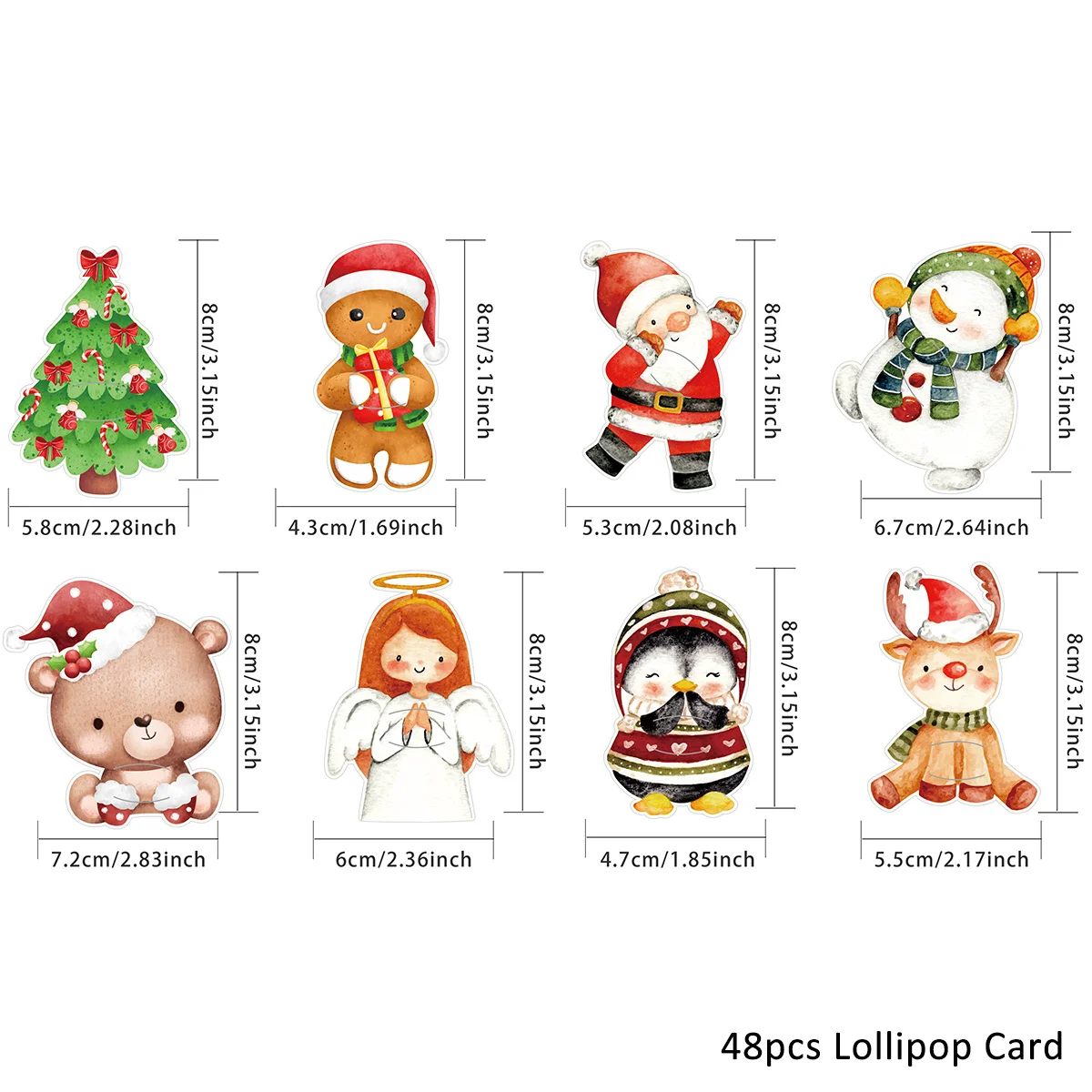 48 قطعة بطاقات مصاصة عيد الميلاد الكرتونية الملاك/سانتا/الزنجبيل رجل حوامل الحلوى لحفلة عيد ميلاد سعيد الاطفال الحلويات التعبئة والتغليف