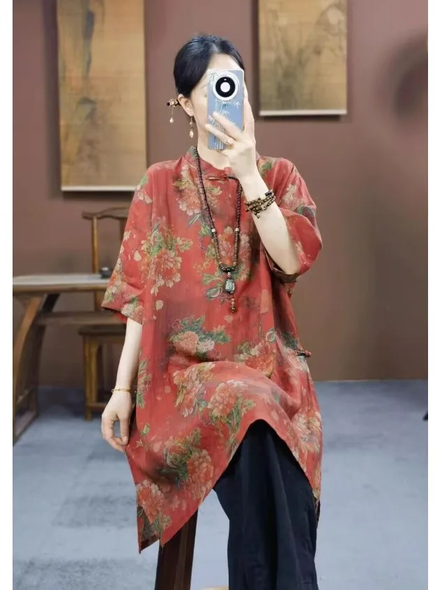 

Large Size Floral Print Cotton Linen irt Stand Collar ort Sve mid Length Slit Button up Women's Casual Summer Top