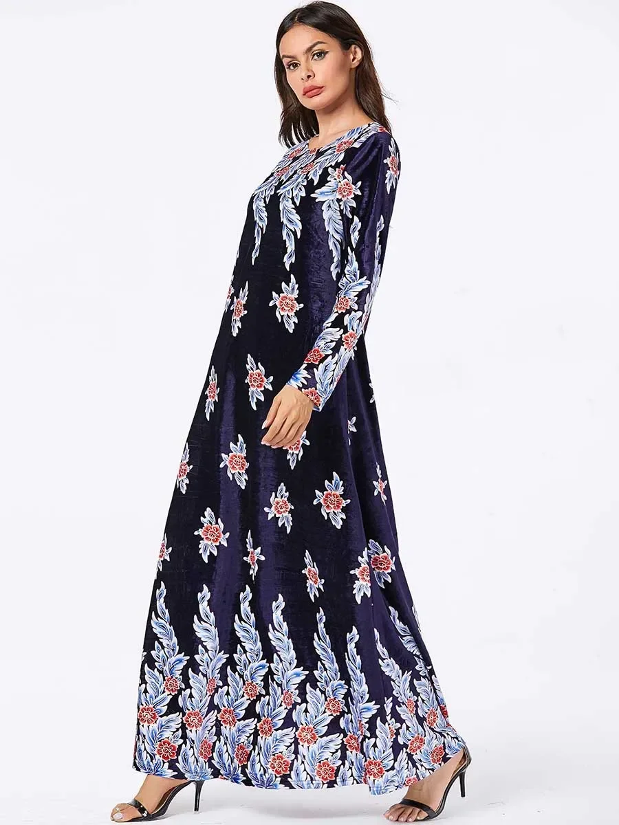 Elegant Velvet Muslim Dress Women Big Swing A-line Maxi Dress Kimono Jubah Long Robe Print Abaya Dresses Islamic Clothing Elbise