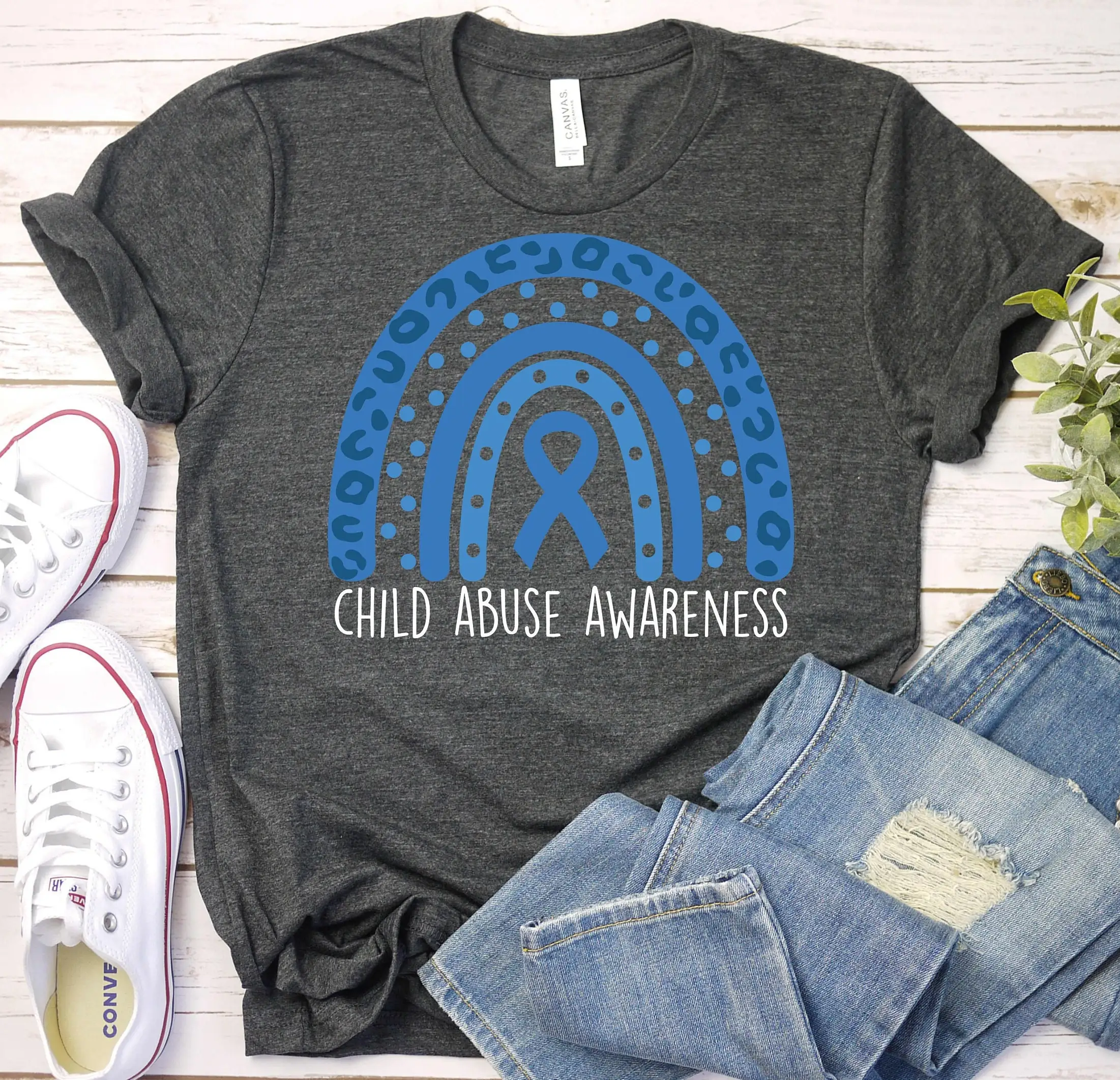 Child Abuse Awareness T Shirt Social Worker Rainbow Blue Ribbon Stop Prevention