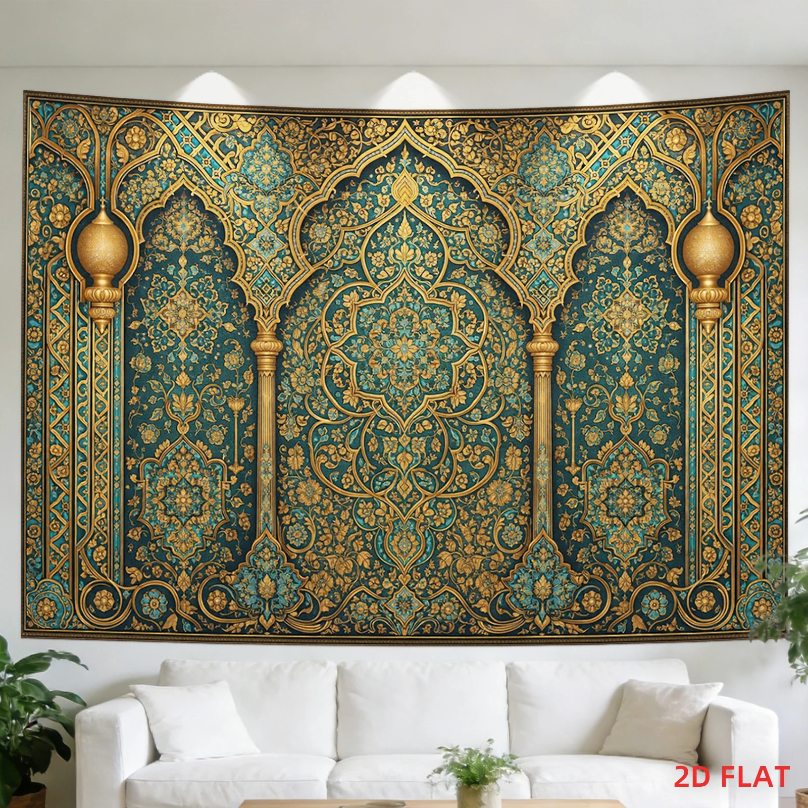 High Quality Gold Ornate Islamic Tapestry Wall Hanging Moroccan Moorish Decor Polyester Art for Living Room Bedroom Home Accent