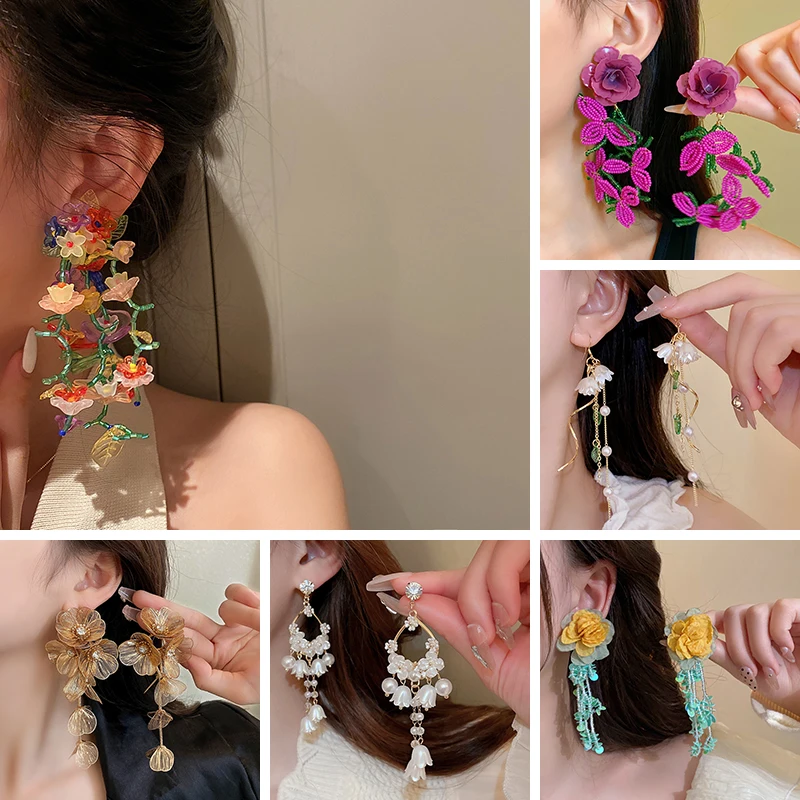 Fairy Colorful Acrylic Flowers Leaves Imitation Pearl Long Tassel Dangle Earrings for Women Pastoral Style Exaggerated Jewelry