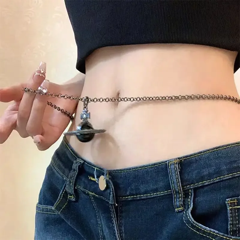 

Black Saturn surround pendant waist chain for women European and American light luxury personality three-dimensional waist decor