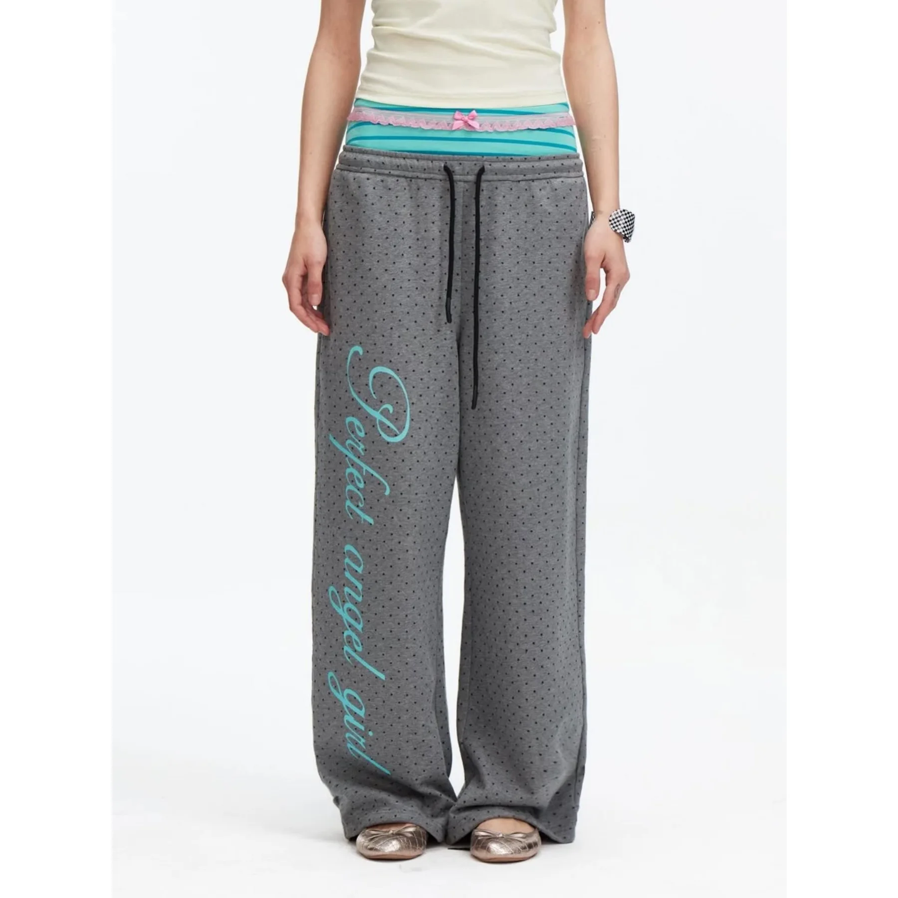 Y2K Womens Gray Polka Dot Wide Leg Pants Lace Double Waist Letter Print 2000s Cute Harajuku Casual Streetwear Sweat Trousers