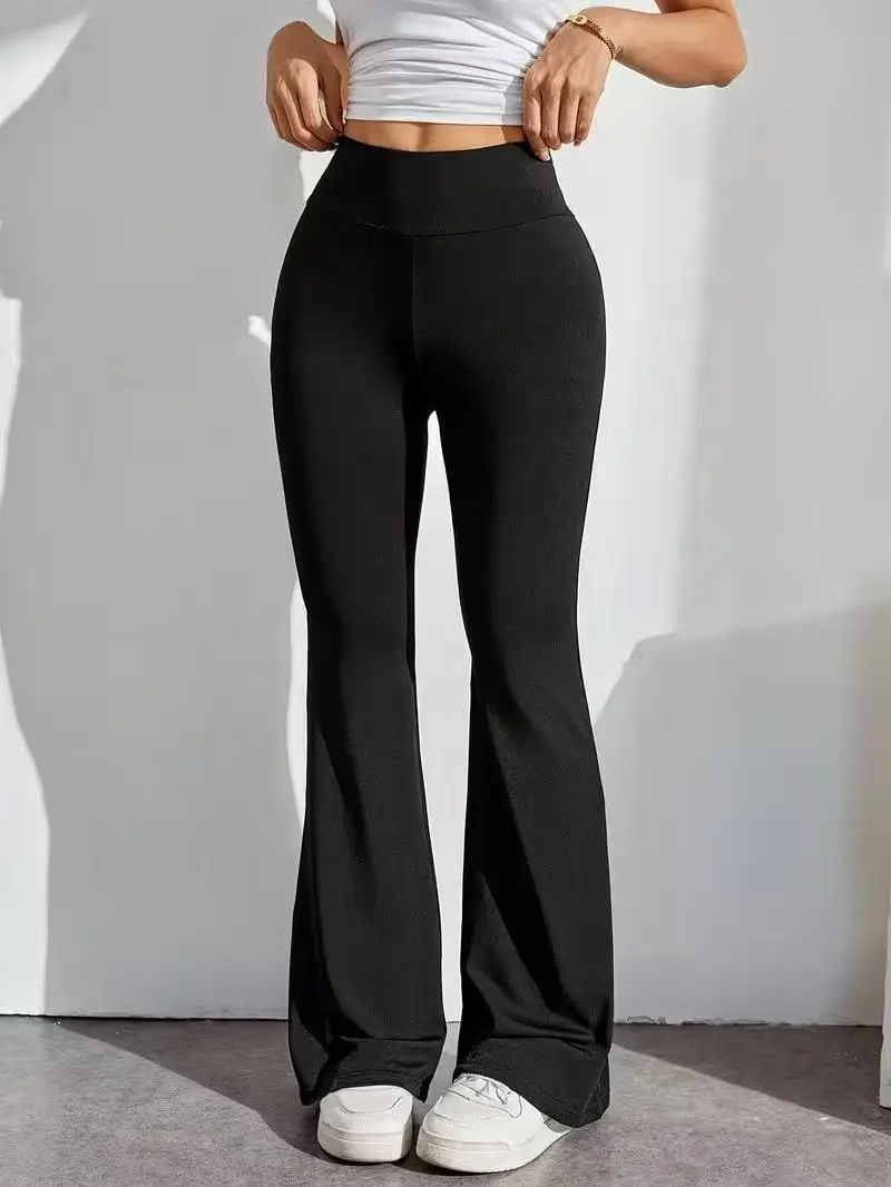 Women's High Waist Black Flare Pants, High‑Stretch Tummy‑Control Wide Waistband Flared Trousers, Slim Figure‑Flattering Height‑E