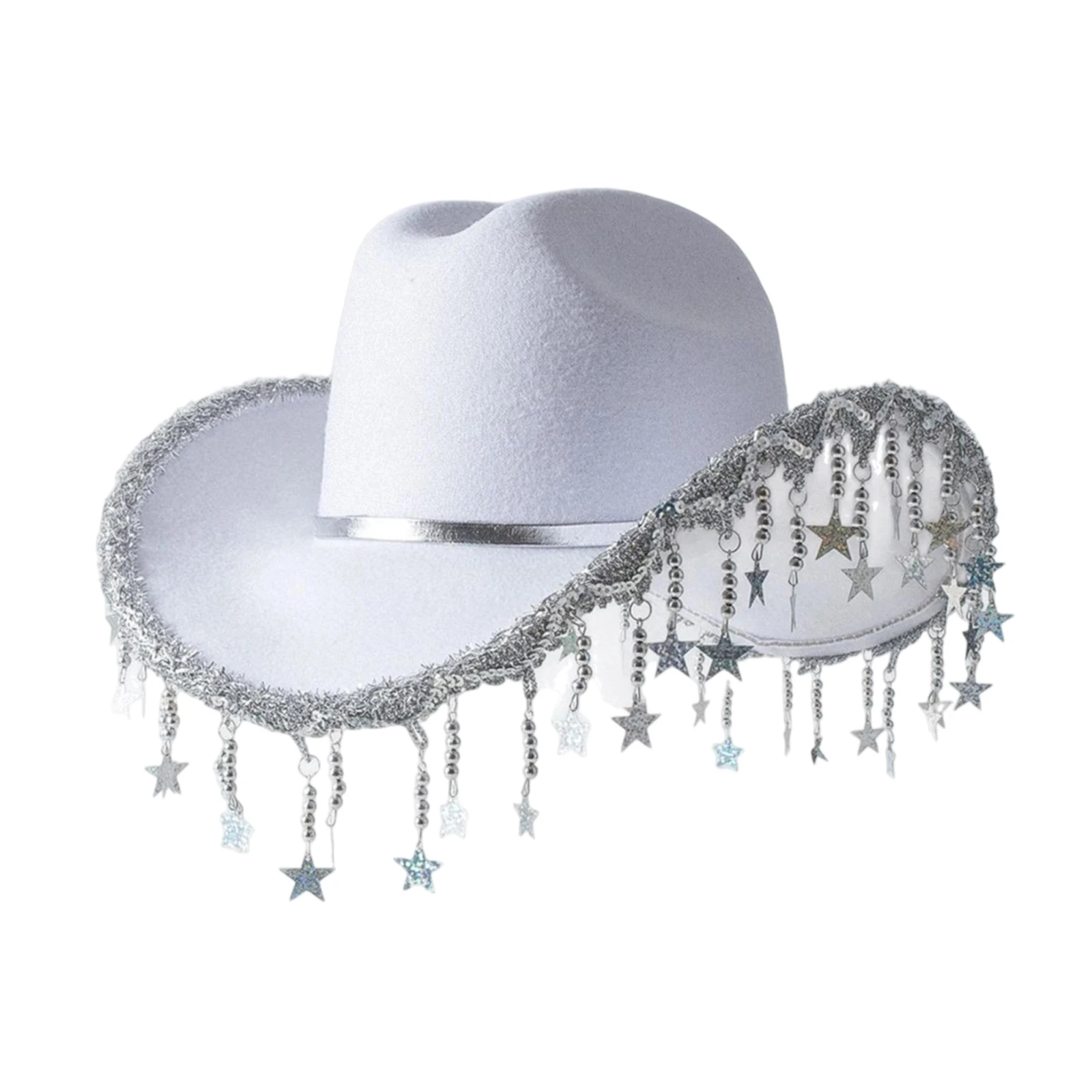 

Women Sequins Cowgirl Hat Wide Brim Western Panama Jazz Hat with Star Tassel for Wedding Rave Party Travel Accessories