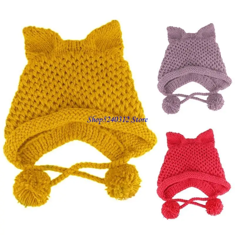 634C Women Winter Chunky Knitted Beanie Hat 3D for Cat Ears Solid Color Handmade Crochet Windproof Warm Earflap Cap with