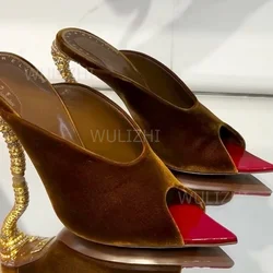 Burgundy Brown Suede Metal Stiletto Slippers Women Pointed Open Heels Black Red Stitching Sandal Gold Crystal Strange Style Shoe