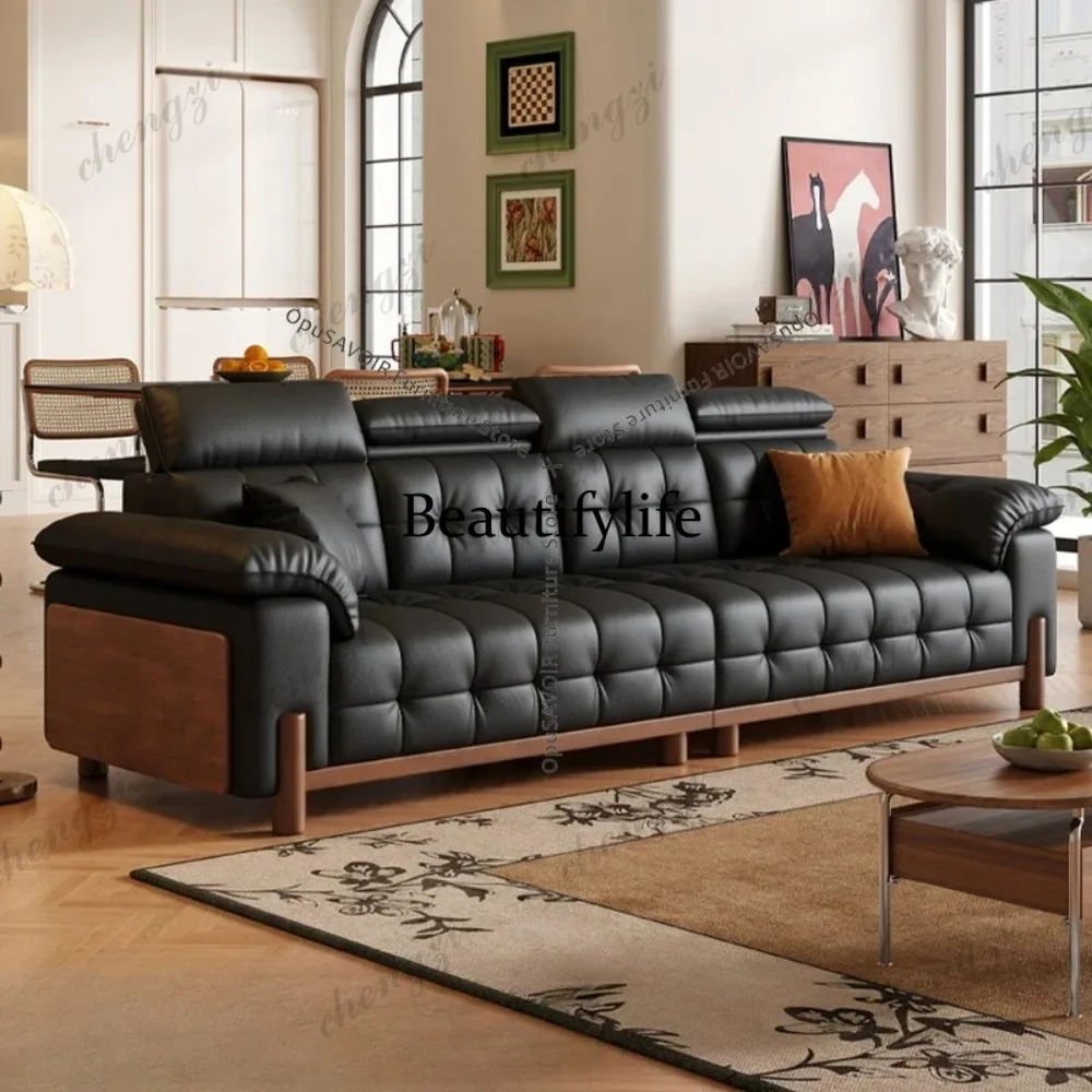 

Mid-Century Modern Solid Wood Living Room Sofa Vintage Top-Grain Leather Retro Living Room Sofa Genuine Cowhide Furniture