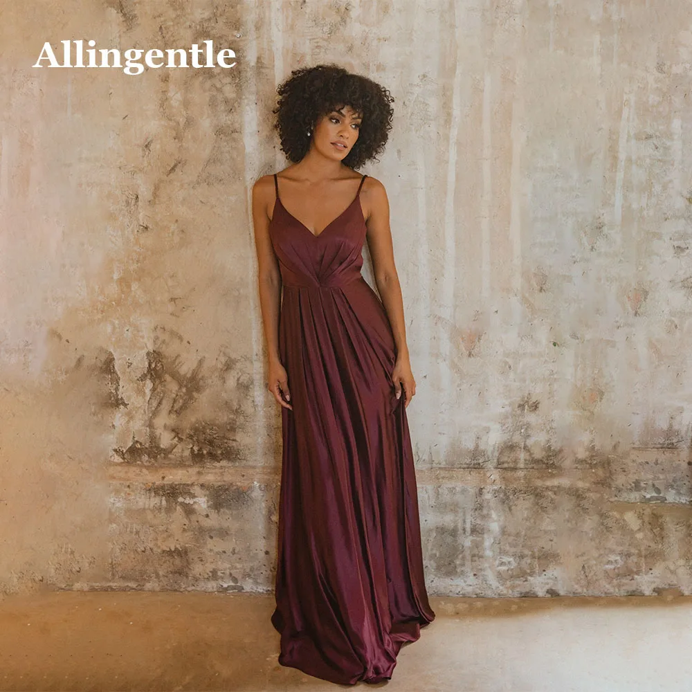 

Allingentle Burgundy Evening Dresses For Women 2024 Spaghetti-straps V-Neck Sleeveless Floor Length Bridesmaid Party Prom Gowns