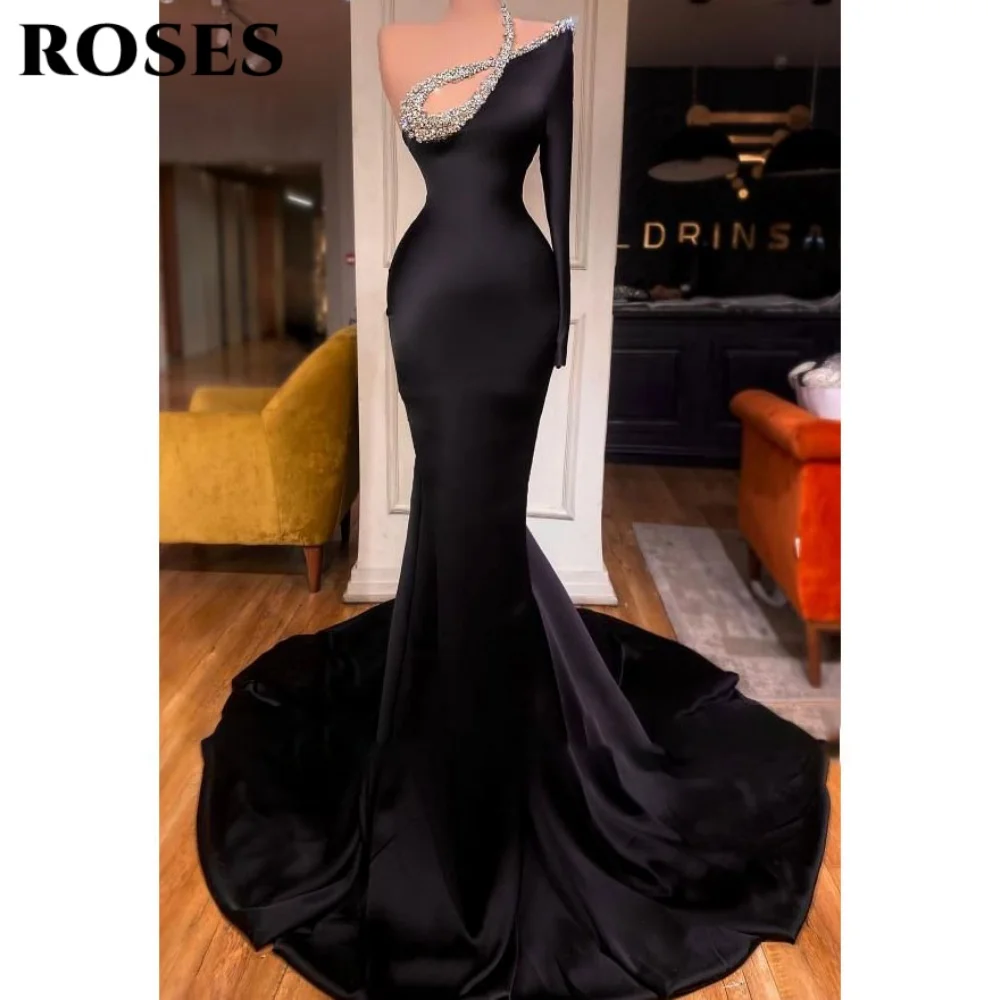 

ROSES Black Sexy Prom Dress One Shoulder Backless Celebrity Dresses for Woman Shiny Satin Beaded Evening Gown abiti da cerimonia