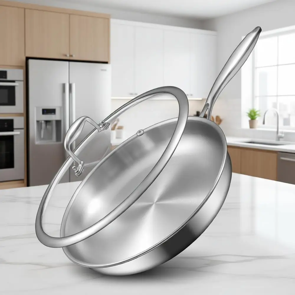 

12-дюймовая сковорода из трехслойной нержавеющей стали, совместимая со всеми типами плит, подходит для духовки и посудомоечной машины, большая сковорода с крышкой, подходит для индукционных плит