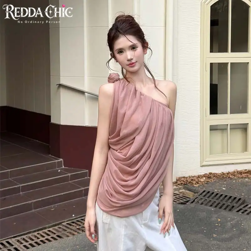 ReddaChic One-shoulder Draped Chiffon Top Women Summer Rose Applique Stacked Sleeveless Cropped Tank Top Simple Everyday Wear