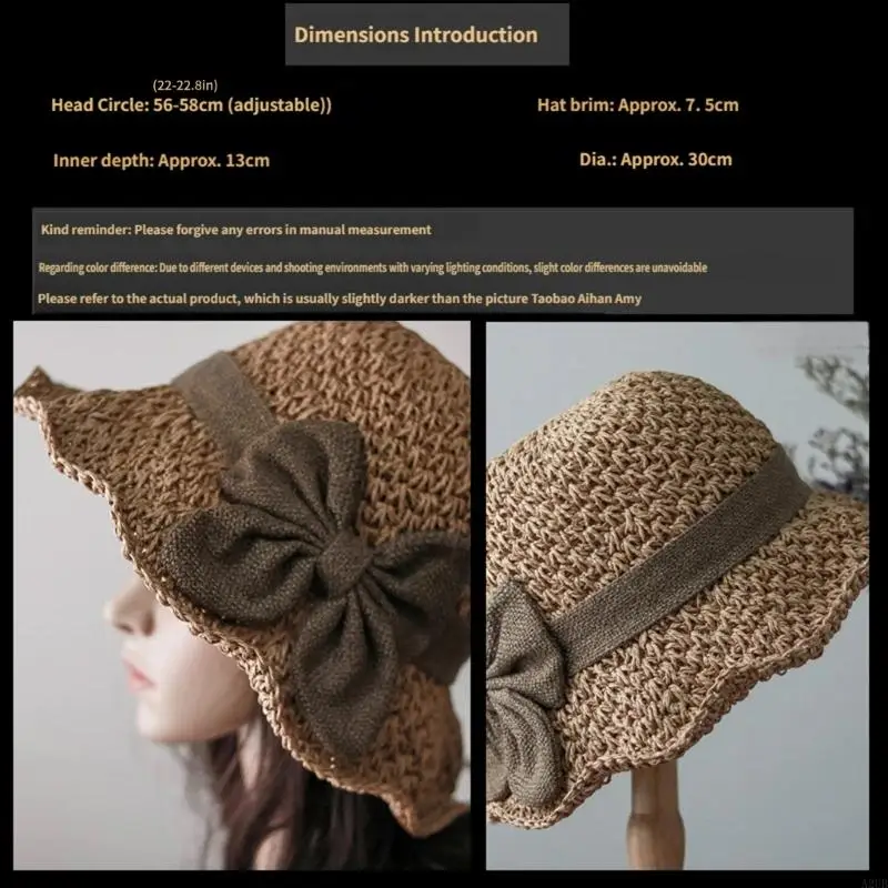 Eleganter, mit Schleife verzierter Strohhut für Mädchen, verstellbares Band, atmungsaktiv, handgewebt, mit breiter Krempe – Detail 6