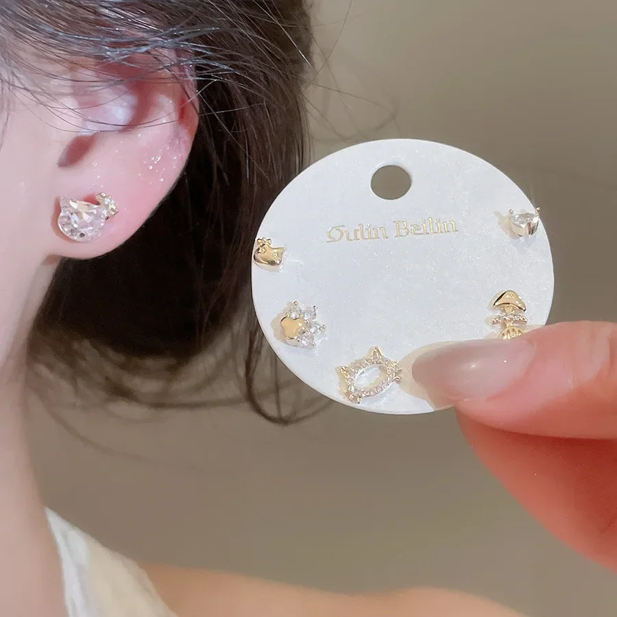 2026 New Korean Fashion Zircon Cat Stud Earrings Set for Women Simple Casual Luxury High Grade Fashion Jewelry
