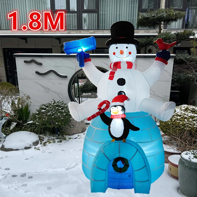 

1.8M Christmas inflatable snowman and penguin sitting on the snow house, LED lights for Christmas celebration garden decoration