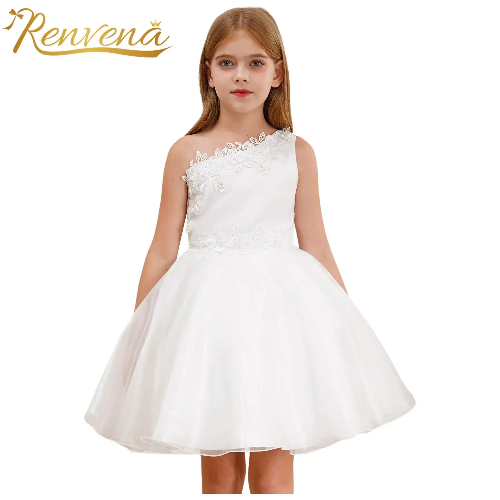 

Flower Girl Dress White Party Gown Kids One Shoulder Embroidered Tulle Dresses Holy Communion Formal Wedding Pageant Vestidos