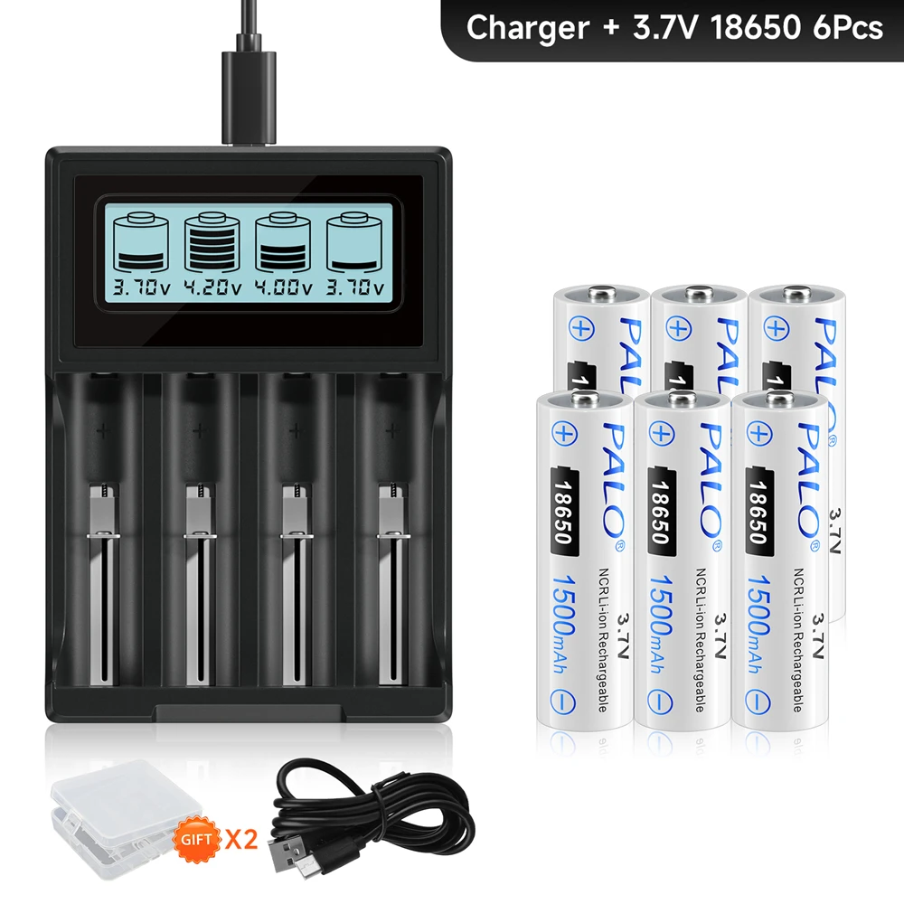 PALO 1500mAh 18650 Battery 3.7V Rechargeable Li-ion Battery+LCD Battery Charger for 14500 16350 18650 18500 Rechargeable Battery