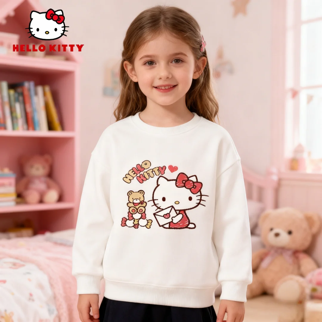 

Hello Kitty Prints Children Thickened Pullover Hoodies Girls Plush Fleece Warm-keeping Sweatshirt Round-neck Pullover Hoodies