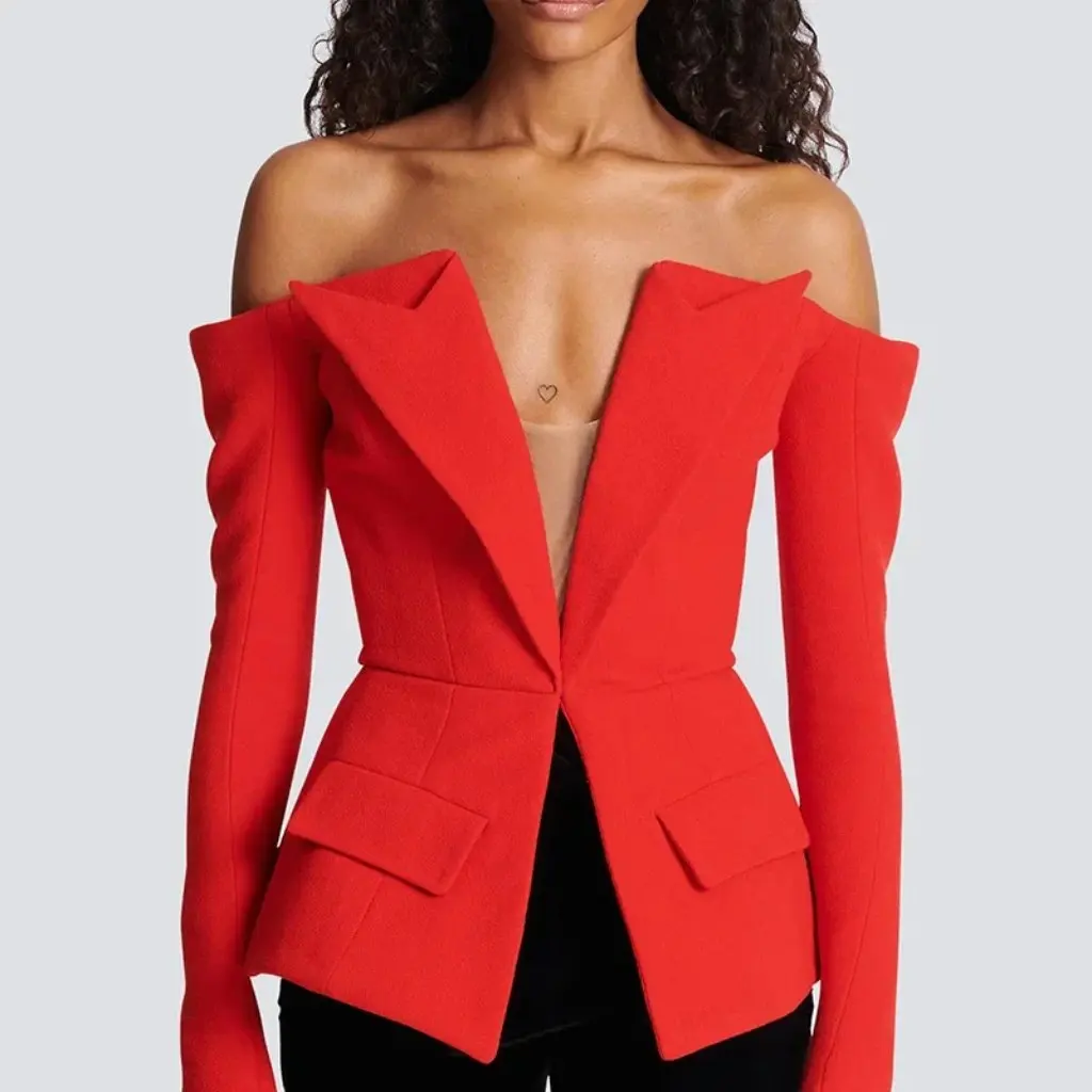 

New European And American Star Fashion Design Sense Zipper One-word Collar Shoulder-drop Suit Jacket for Women