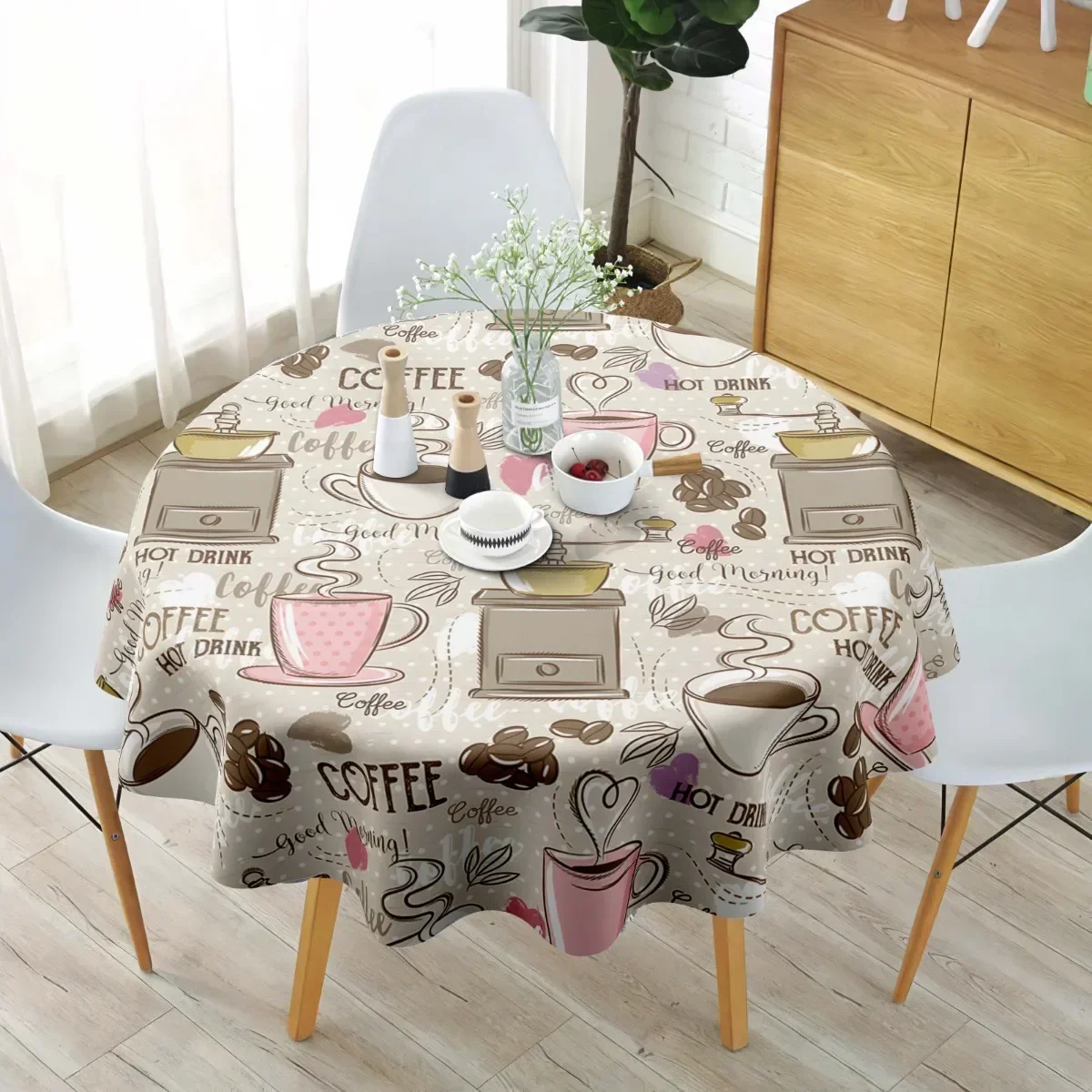 Flat tablecloth 1 piece  Circular tablecloth, printed with patterns such as coffee cups and coffee beans