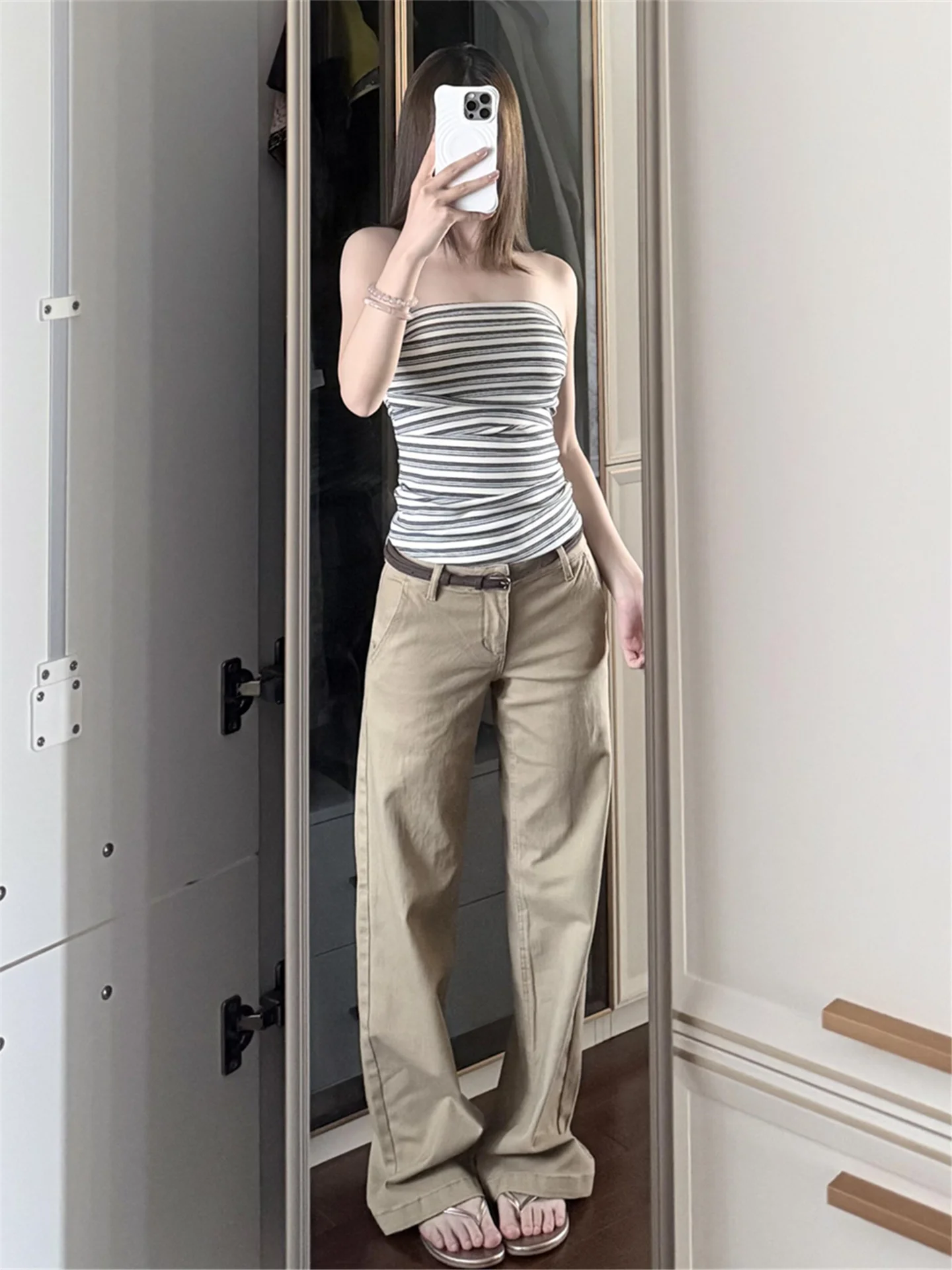 

Женские джинсы с низкой посадкой, прямые, свободные, струящиеся, с высокой талией, цвета хаки, в американском ретро-стиле Y2K, весенние, хлопковые, повседневные