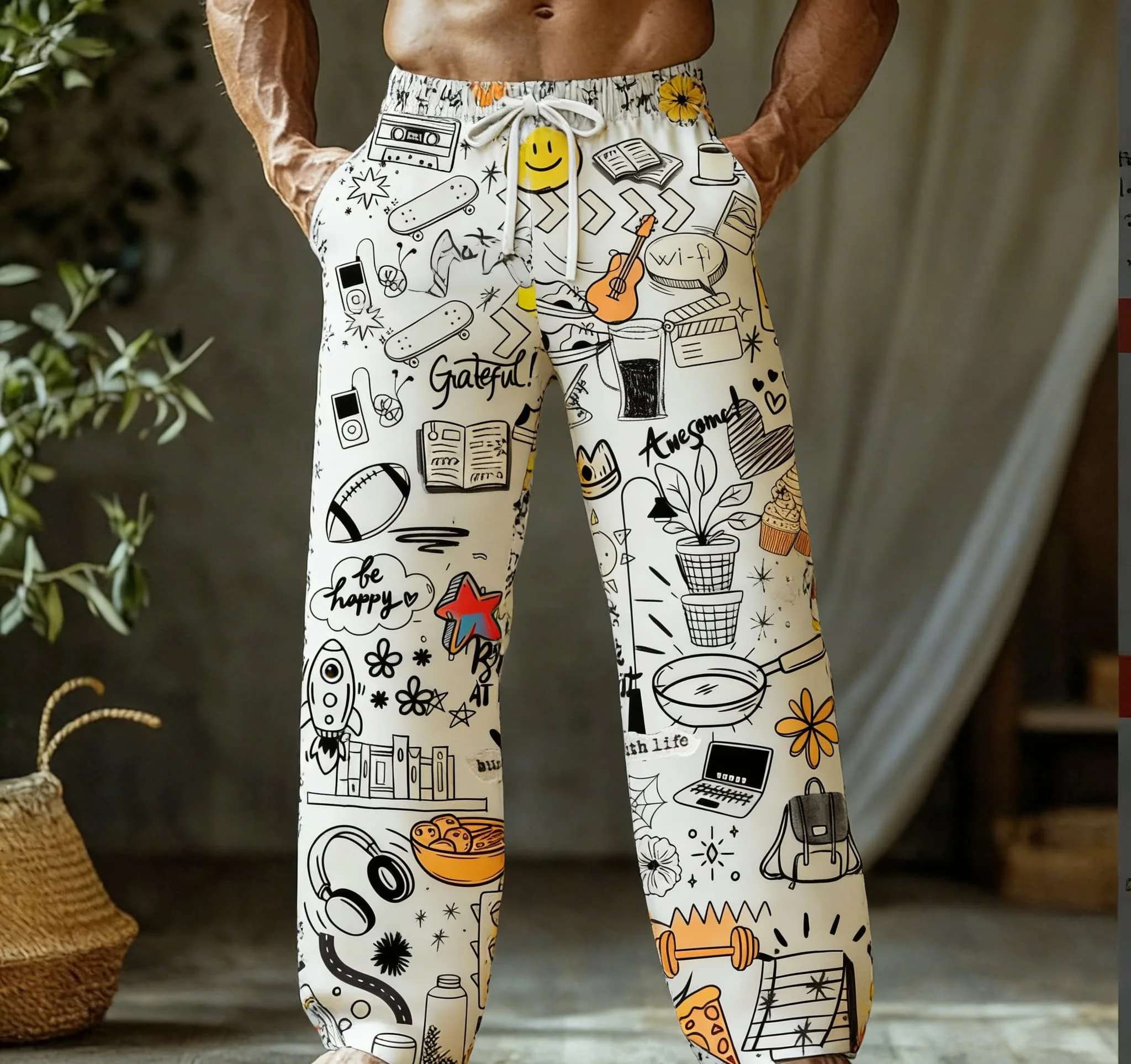 Men's Summer Thin Quick-Dry Hawaiian Beach Pants, Loose Fit, Casual, Retro Musical Pattern Print