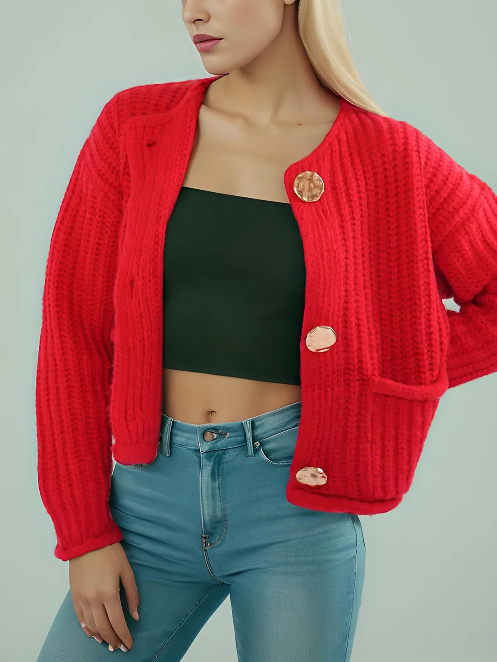 Fall Clothes 2024 Women Long Sleeve Top Knitted Golden Button Up Loose Cropped Cardigans For Woman Vintage Sweater Red Autumn