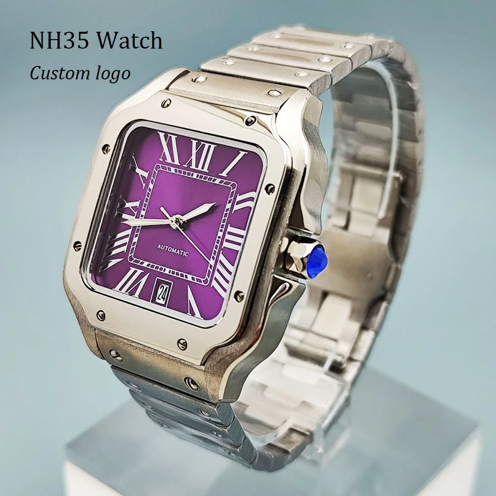 

Часы NH35 с квадратным циферблатом, фиолетовым циферблатом, мужские автоматические механические часы из нержавеющей стали, подходят для аксессуаров для часов с механизмом NH35