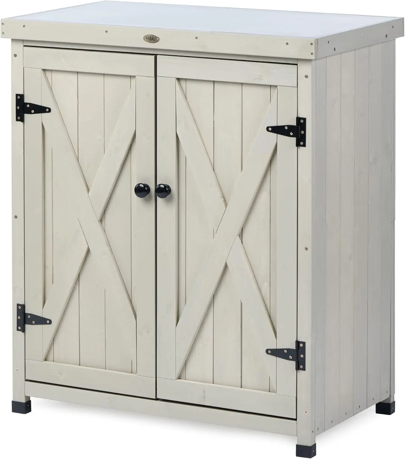 Weatherproof Outdoor Garden Storage Cabinets & Work Bench, Wooden Potting Table Workstation with Shelves and Metal Tabletop for Patio