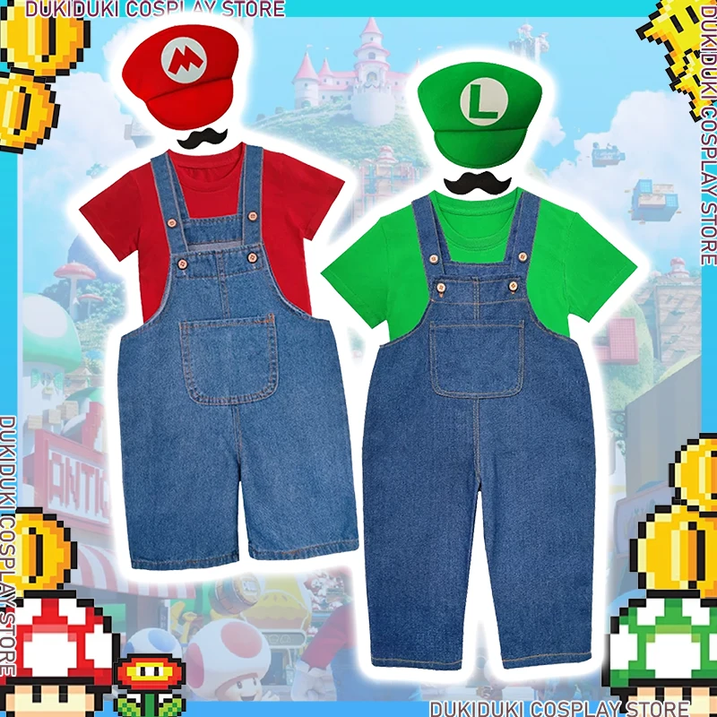 

Anime Luigi Bors Game Cosplay Cosutmes Plumber Hats Rompers Halloween Red Green Cap Denim Overalls Carnival Party Dressing Up