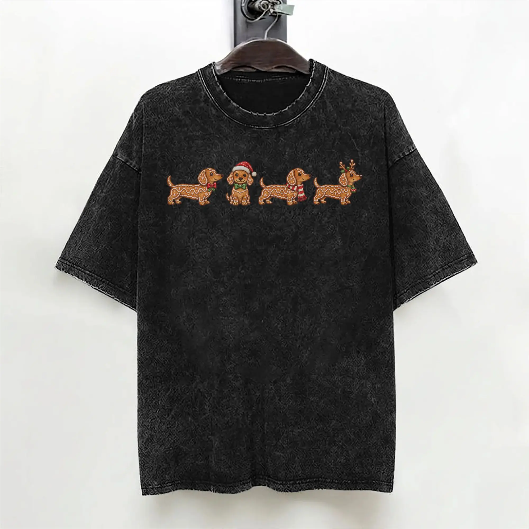 Cartoon Dachshund Christmas Cute Puppies T Shirt Washed Cotton Oversize T-Shirts  Vintage for Men Women Streetwear Summer Tees