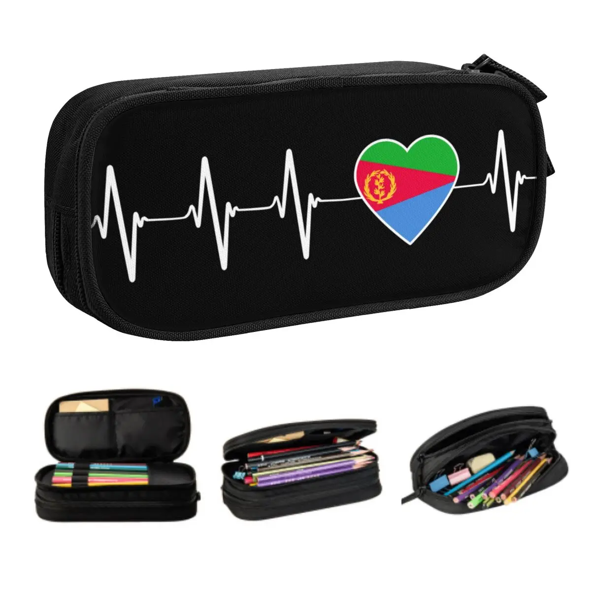 Custom Eritrean Heartbeat I Love Eritrea Cute Pencil Cases Boy Girl Large Capacity Ethiopian Pencil Bag School Accessories