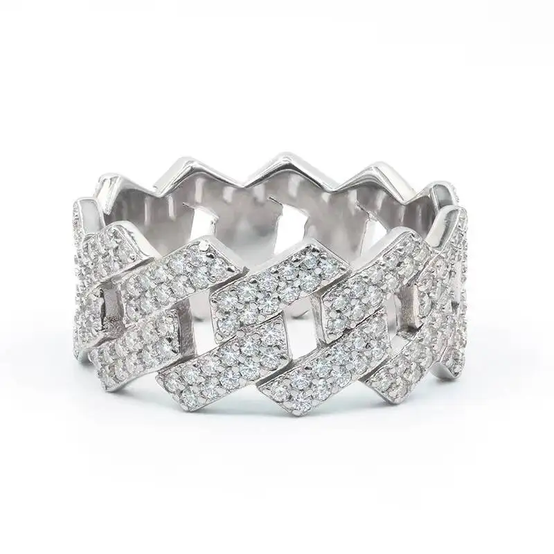 Wholesale Factory Price Moissanite Jewelry 925 Silver Iced Out 2 Row Diamond Cuban Rings Moissanite Hip Hop Ring for Man