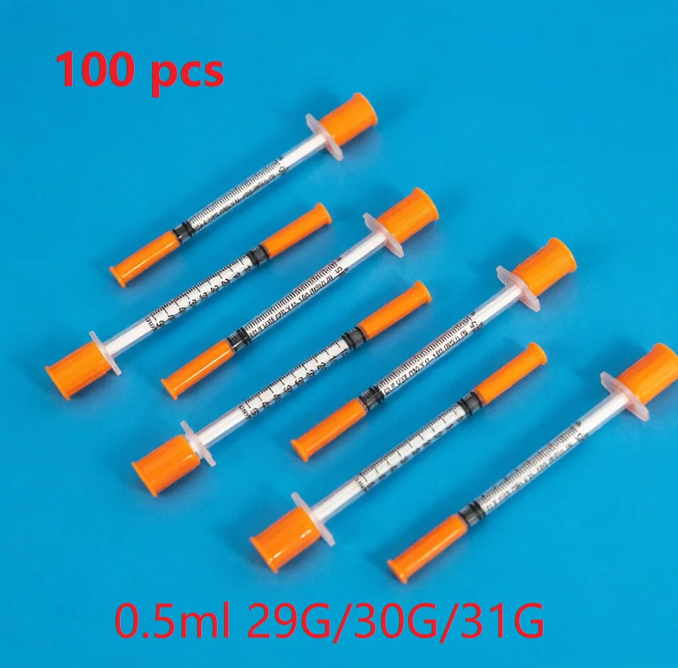 100Pcs/Box 0.5ml Veterinary Insulin Syringe 29G/30G/31G, Sterilized Disposable Needle, Individually Wrapped Pet Injector