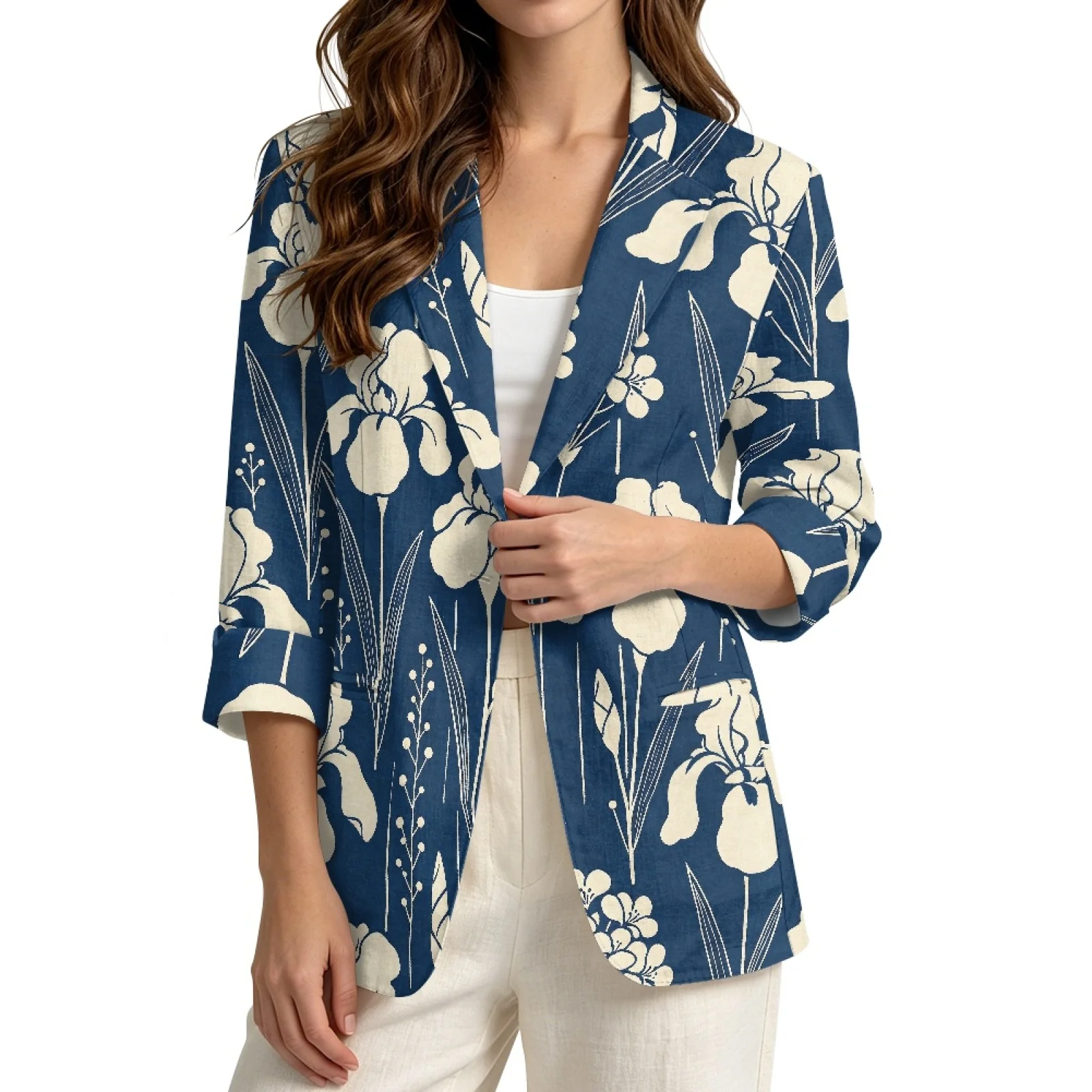 PENSTROLL Blue Floral Sketch Lightweight Open Front Top for Ladies Linen Style Fall Tops Beach Cover Ups