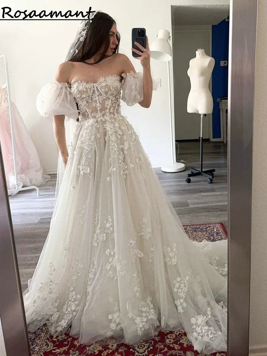 Elegant Illusion 3D Flowers A-Line Wedding Dresses Detachable Sleeve Appliques Lace Bridals Gowns Vestidos De Novia