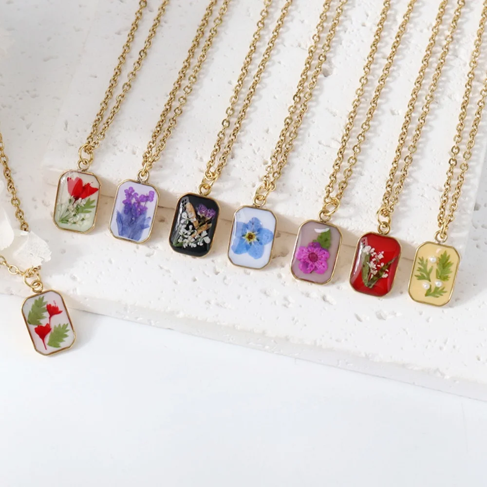 Stainless Steel Cute Dried Flower Pendant Necklace For Women Rectangle Geometric Clavicle Chain Wedding Jewelry Gift 2025 New